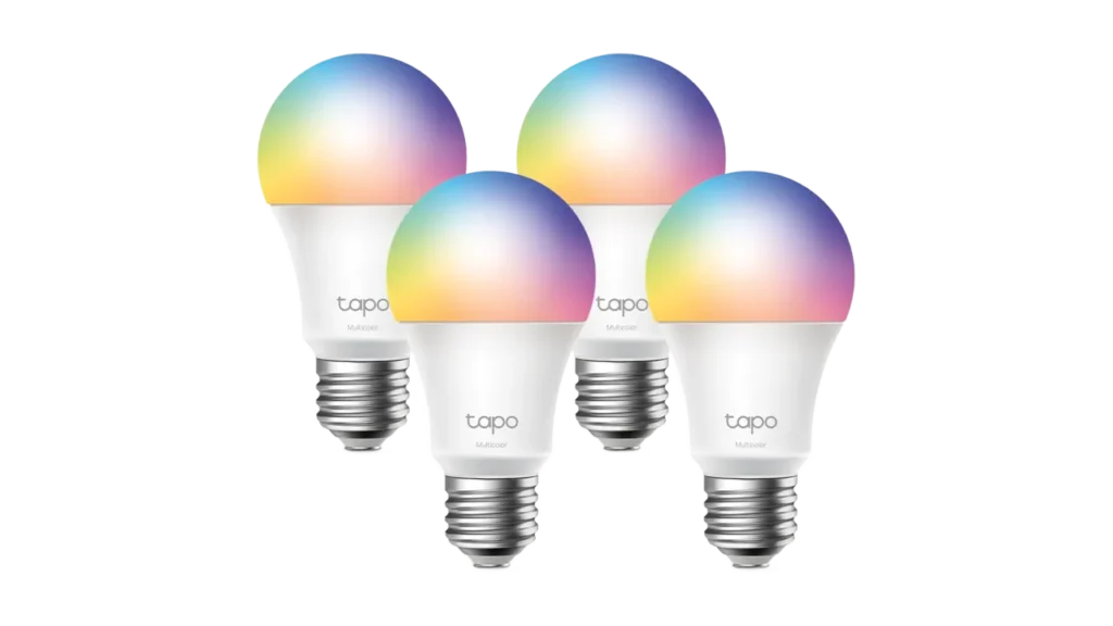 Four TP-Link Tapo multicolor smart bulbs shown side by side.