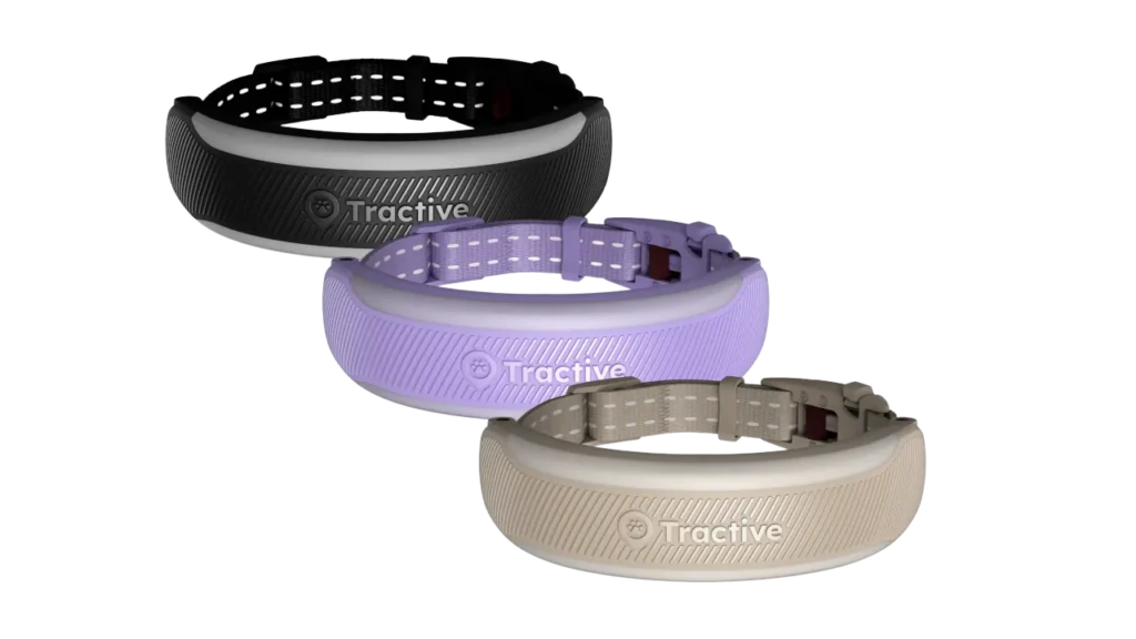 Three Tractive CAT 6 Mini smart collars stacked in black, lavender, and beige. Credit: Image Credit: Tractive