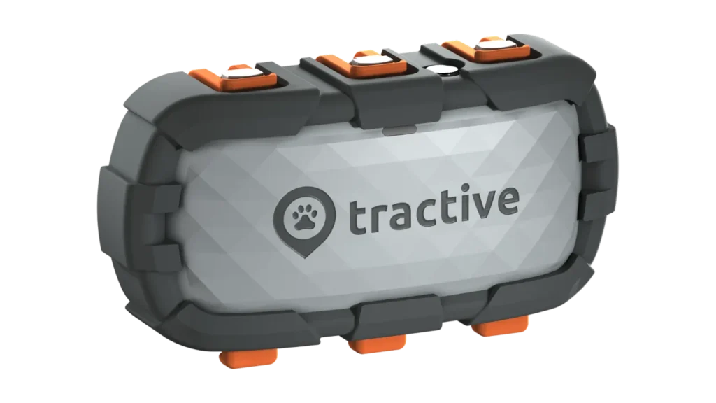 Rugged grey Tractive DOG 6 XL GPS tracker with heavy-duty black and orange casing.
