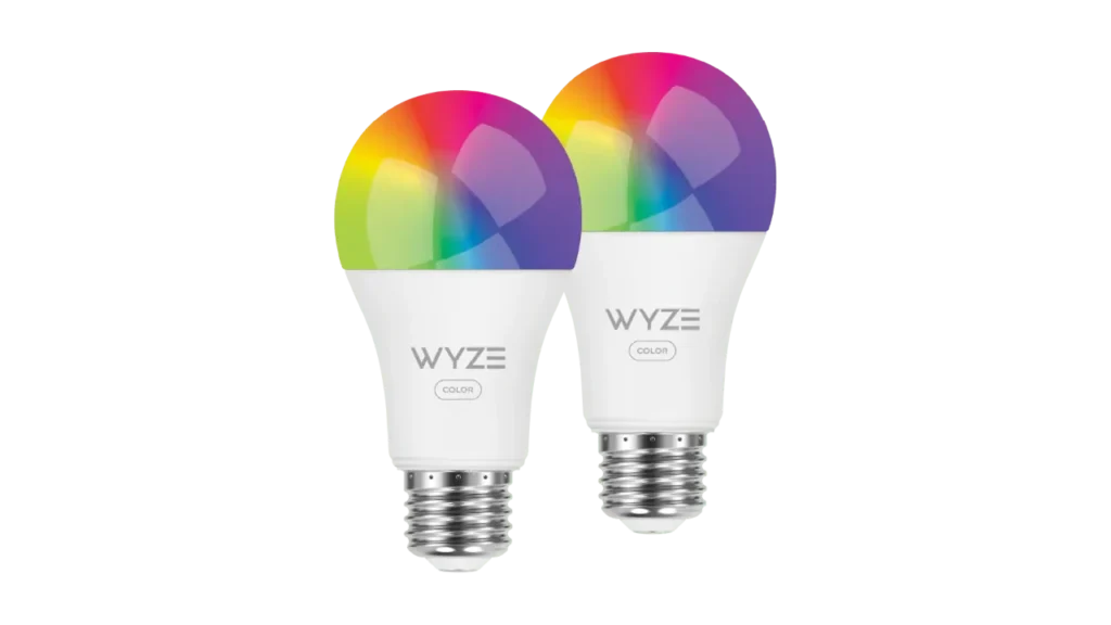 Two Wyze Bulb Color smart LED light bulbs with multi-color glowing tops.