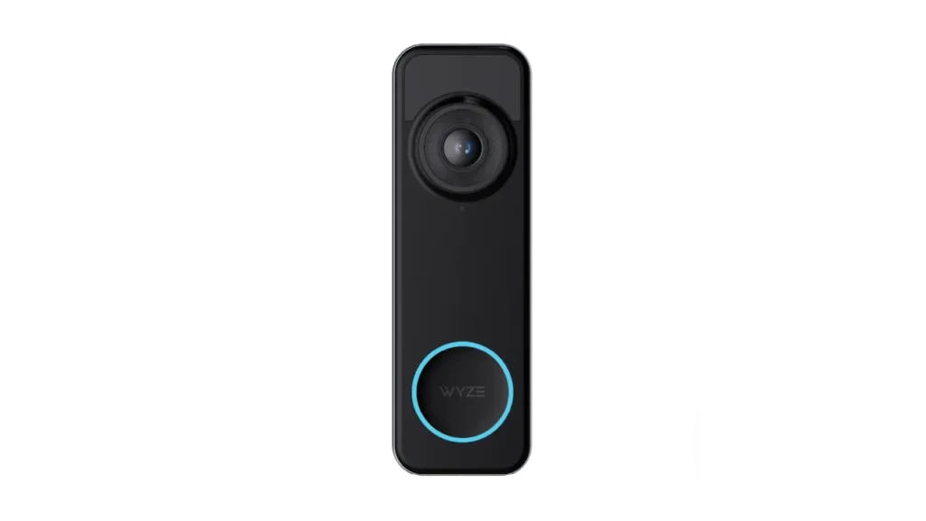 Black Wyze video doorbell with camera lens and glowing blue LED ring around the push button.