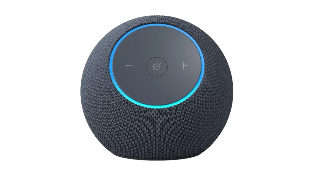 Amazon Echo Dot Max smart speaker in dark grey fabric with blue light ring and top controls