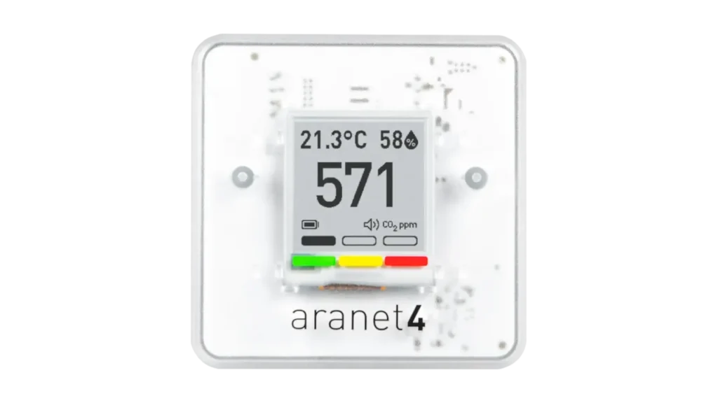 Aranet4 Home CO2 monitor showing 571 ppm on its e-ink display with green amber red level indicator.