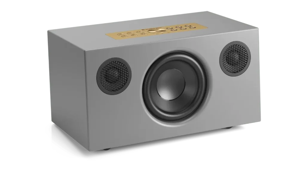Audio Pro C5 MkII W wireless speaker in grey fabric with gold control panel and rotary dial