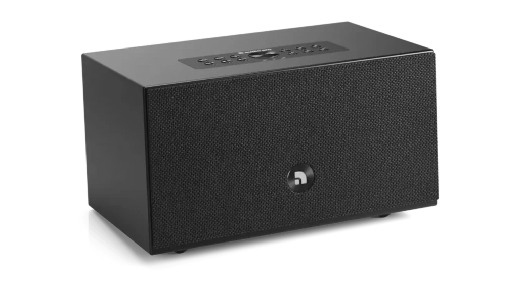 Audio Pro C5 MkII W wireless speaker in black with black control panel and rotary dial