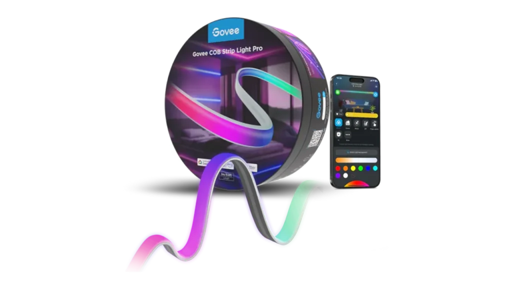 Govee COB Strip Light Pro packaging with color-changing LED strip and Govee Home app on a phone