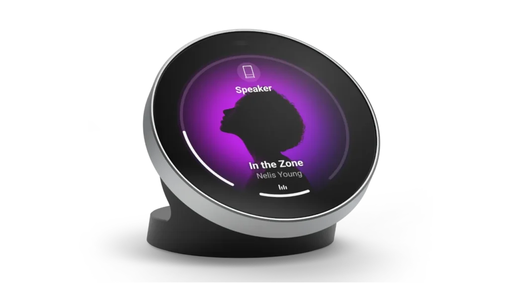 Homey Portal screen showing album art and a volume ring while music plays