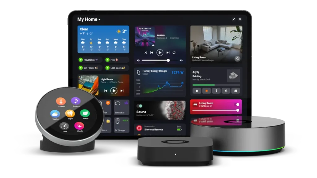 Homey Portal, Homey Pro and Energy Dongle shown with the Homey app dashboard