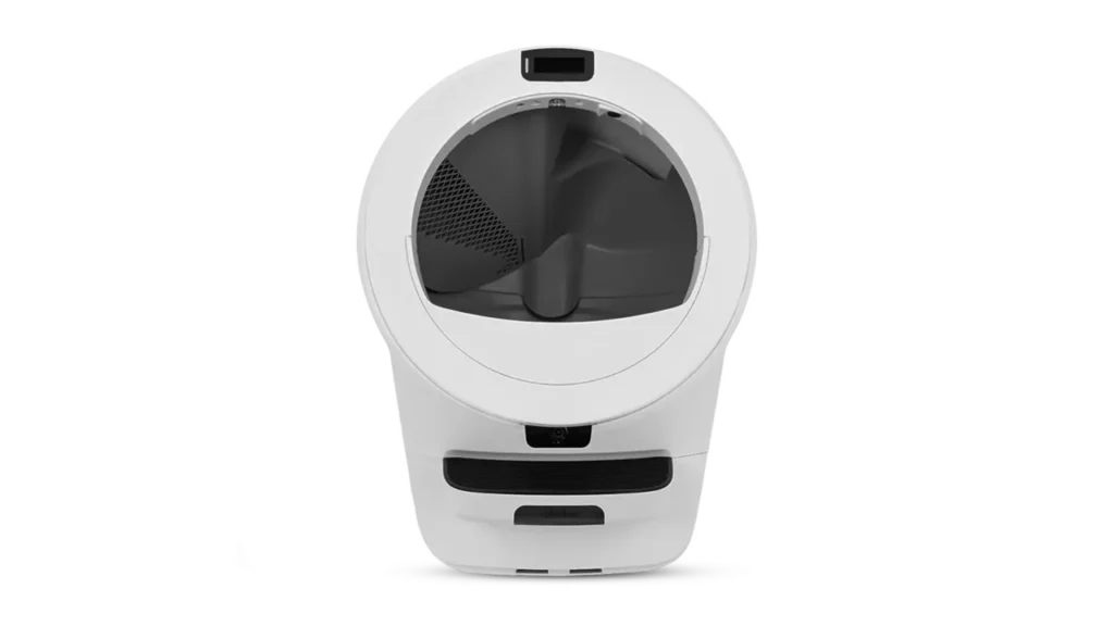 White Litter-Robot automatic litter box with open globe entry, built-in camera and waste drawer.