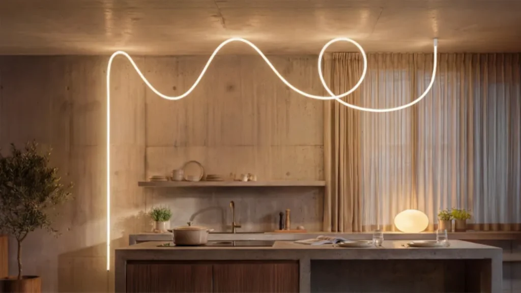 Philips Hue Liane 360 rope light curving in warm white across a concrete kitchen wall and ceiling.