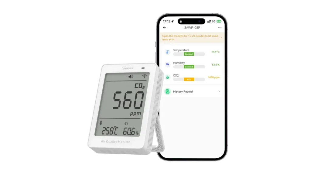 SONOFF AirGuard CO2 monitor showing 560 ppm next to its app prompting the user to open a window.