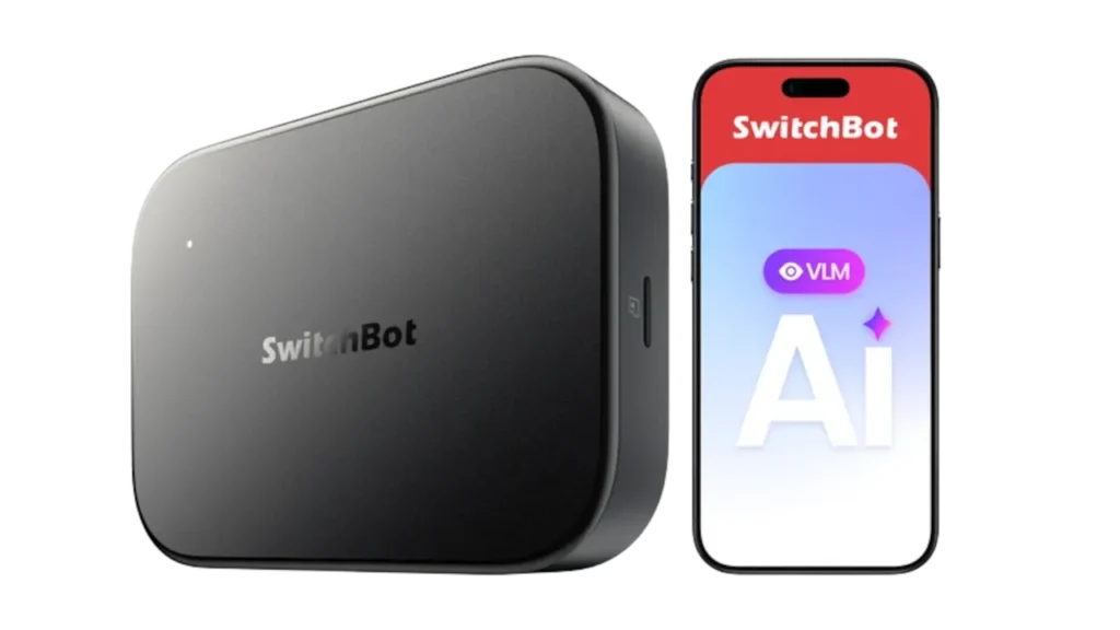 SwitchBot AI Hub black local AI smart home hub with phone next to it showing the app.