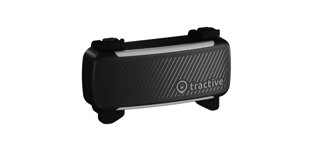 Black Tractive DOG 6 XL GPS pet tracker with ridged casing and collar attachment lugs.