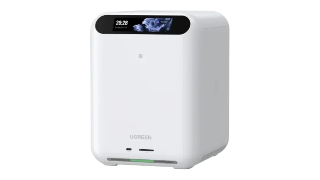 UGreen HomeAgent white local AI smart home hub with front display and status light.