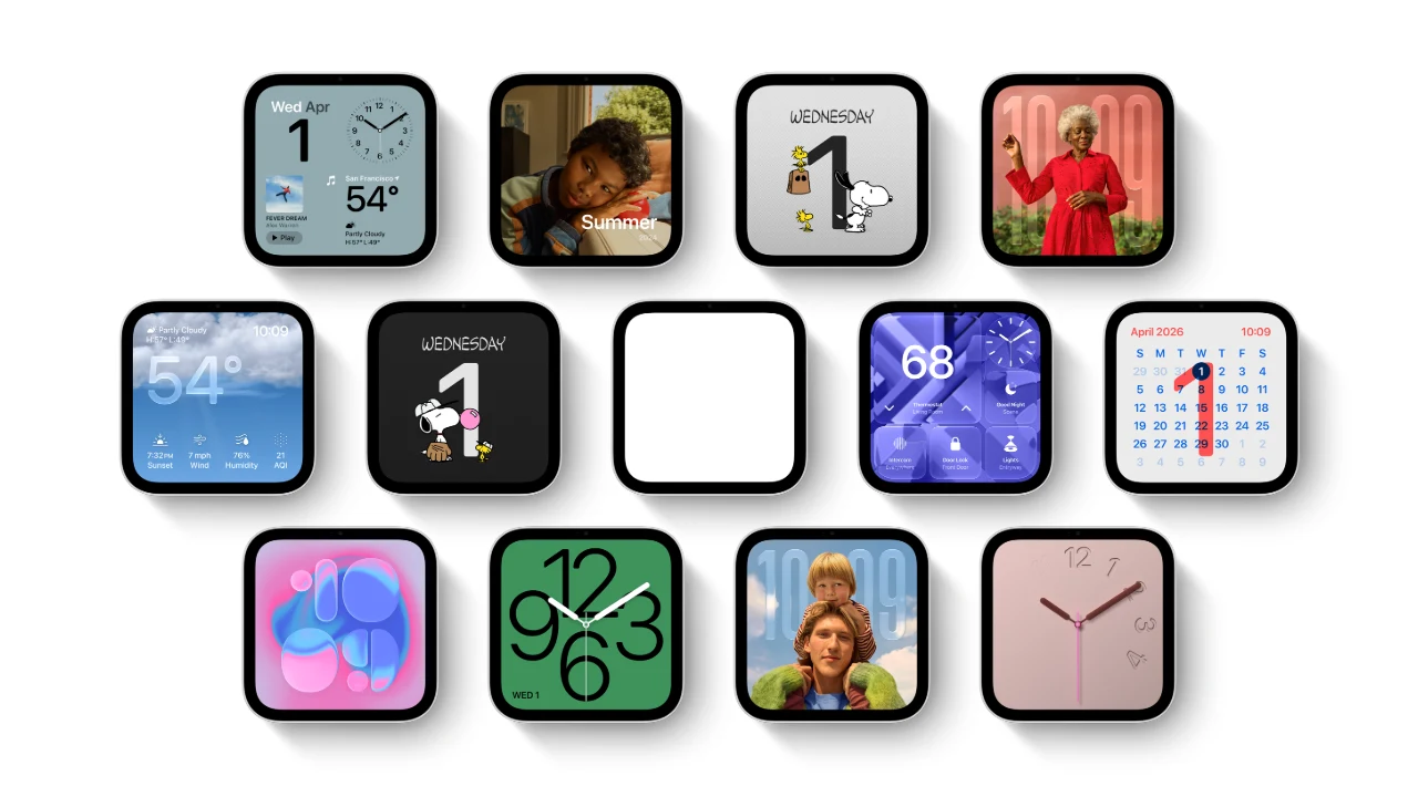 Grid of customizable Apple HomeView faces including clocks, weather, photos and widgets