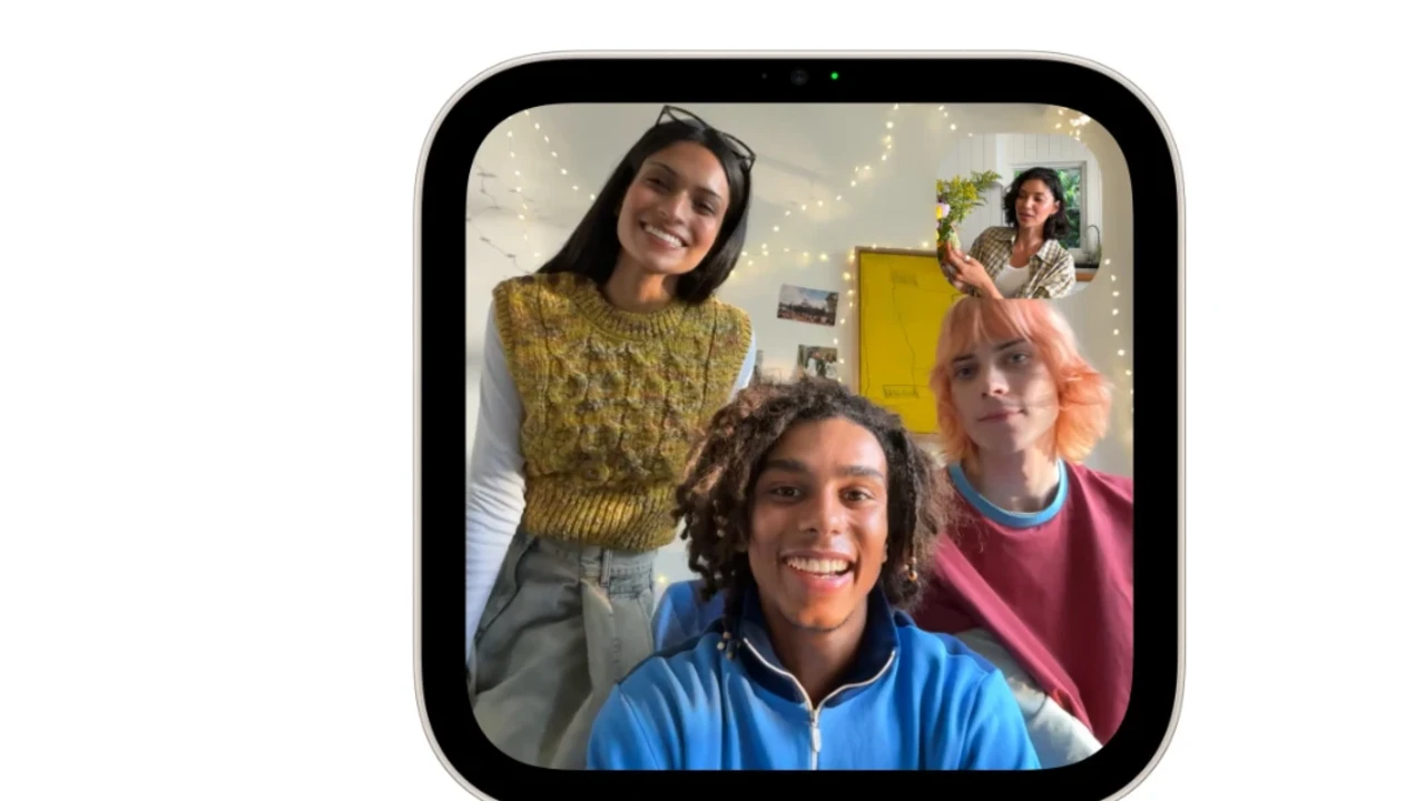 Apple HomeView display showing a FaceTime call with three people kept in frame by Center Stage