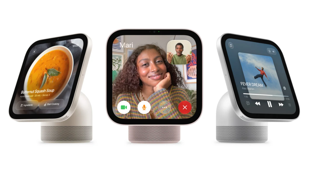 Apple HomeView tilted displays showing a recipe, a FaceTime call and a music player