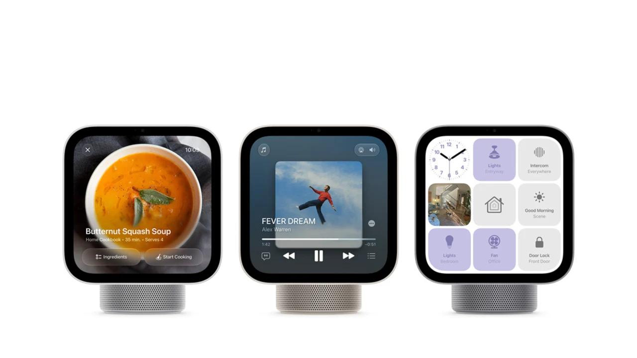 Three Apple HomeView displays showing a recipe, a music player and the Home controls screen
