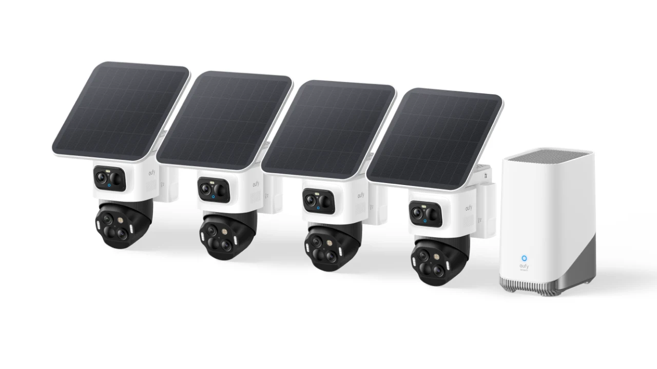 Four eufyCam S4 solar cameras lined up next to a white eufy HomeBase hub